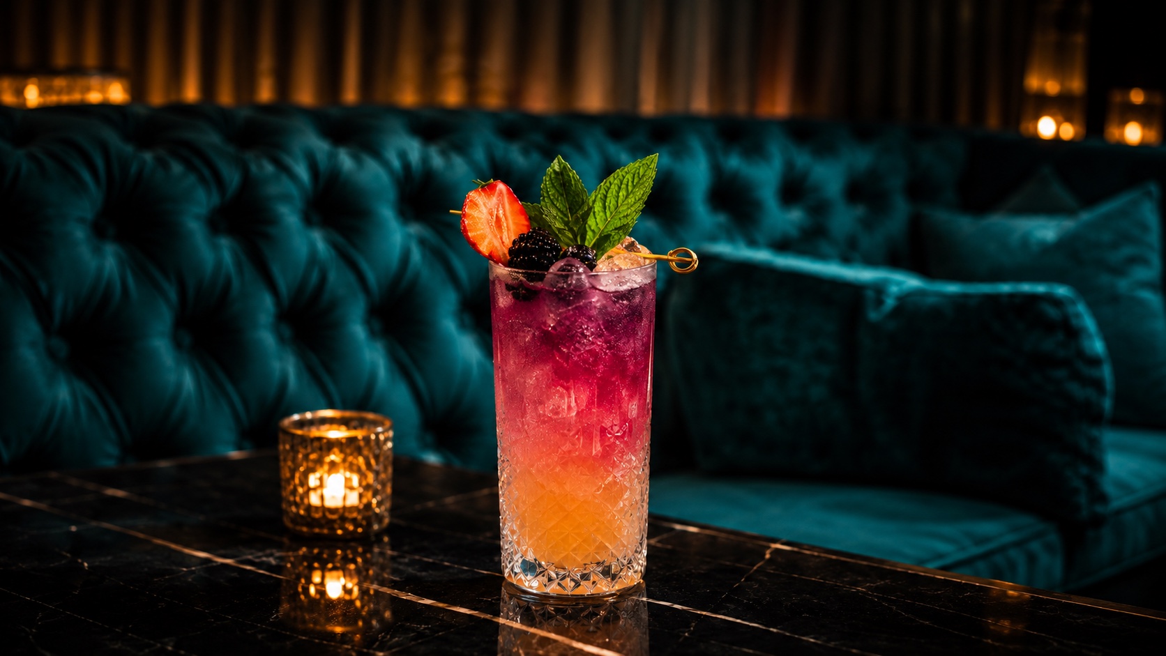 A vivid berry cocktail over crushed ice, garnished with mint and fresh fruit