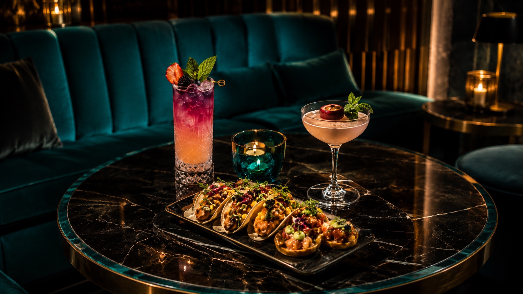 A platter of artful small plates beside craft cocktails and a teal votive