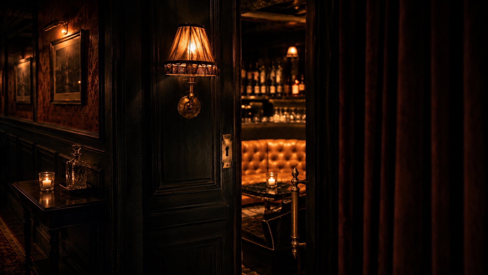 A dark keyhole door ajar, revealing the candlelit GeeQï speakeasy beyond