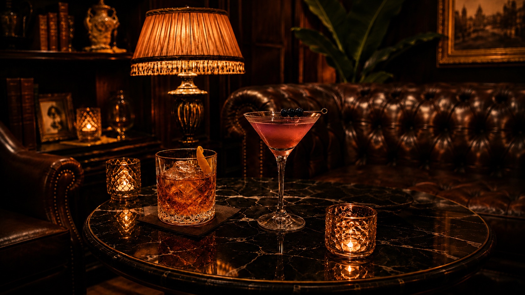 An old fashioned and a berry martini on a marble table by candlelight