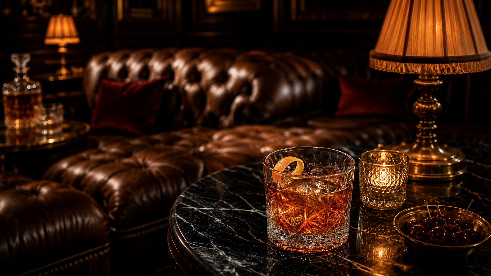A cut-crystal old fashioned with an orange twist, cherries, and a fringed lamp